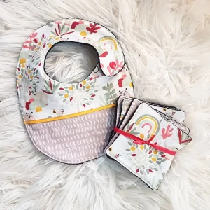 Lot bavoir et 5 lingettes lavables savane