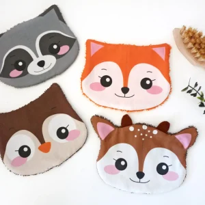 lot de 4 lingettes lavables animaux de la foret