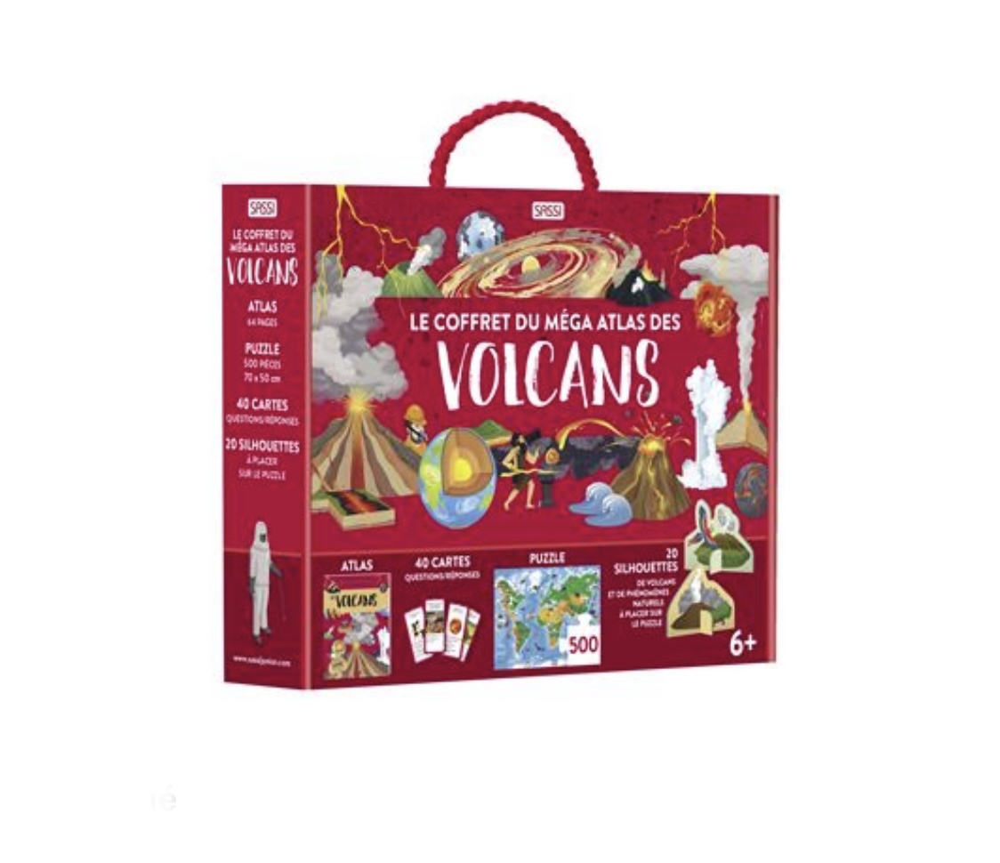 Le coffret du méga atlas des Volcans avec puzzle 500 pièces.