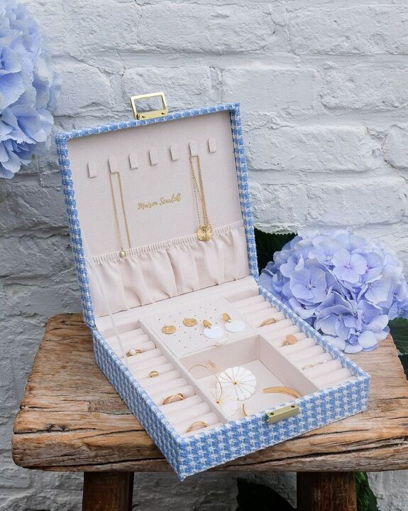 Boîte à bijoux Anne en pied-de-poule bleu. – Image 2