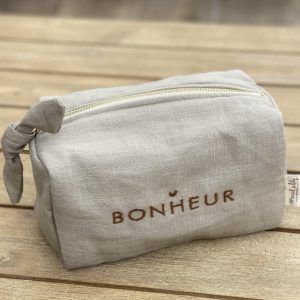 Trousse lin brodée  » Bonheur « – sable.