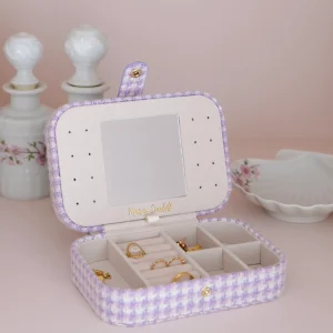 Boîte à bijoux de voyage Brigitte en pied-de-poule mauve.