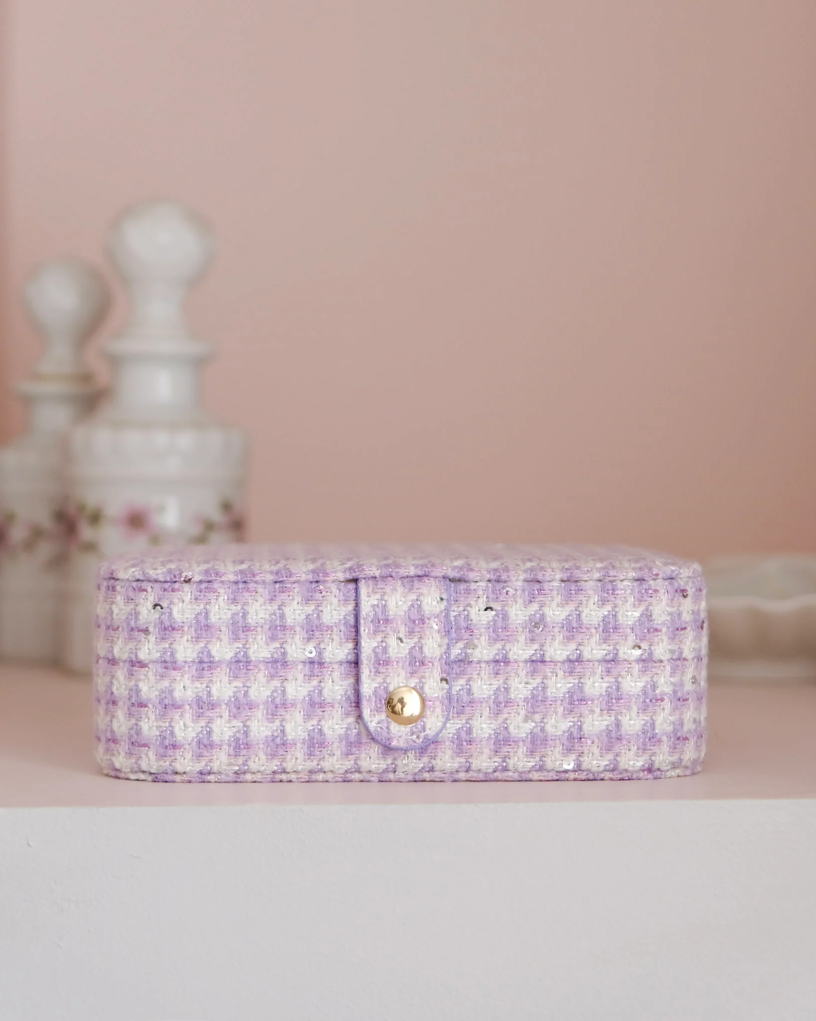Boîte à bijoux de voyage Brigitte en pied-de-poule mauve. – Image 2