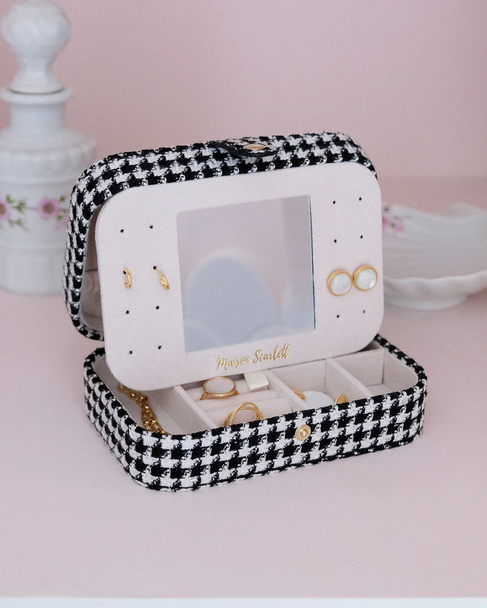 Boîte à bijoux de voyage Brigitte en pied-de-poule noir. – Image 3