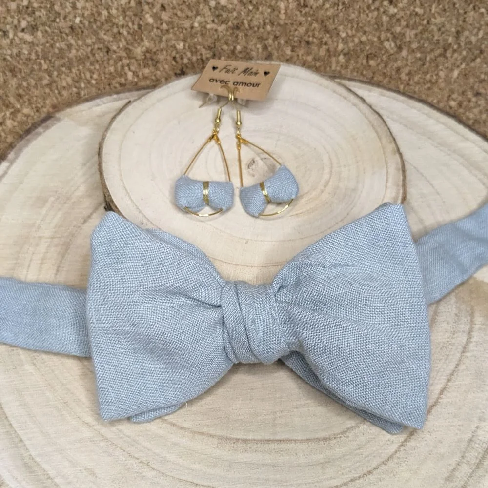 Coffret nœud papillon et boucles d’oreilles assortis en lin – Image 2