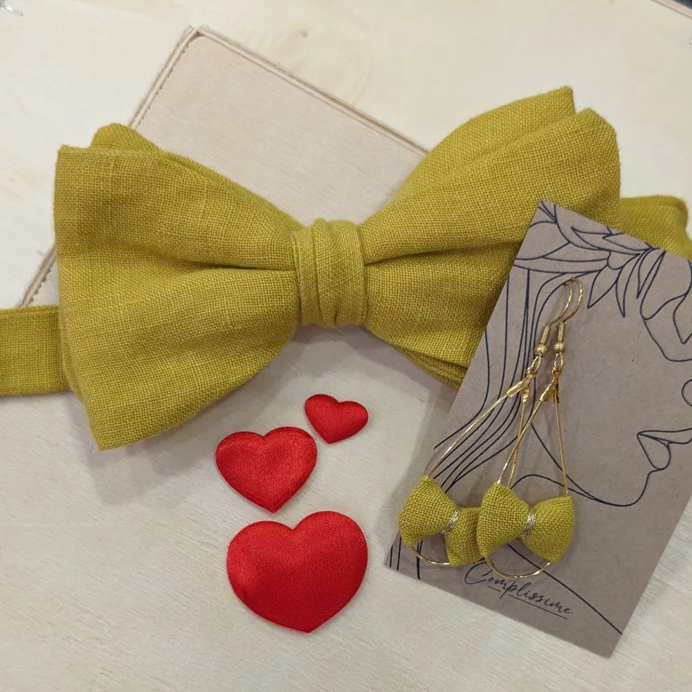 Coffret nœud papillon et boucles d’oreilles assortis en lin