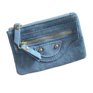 Porte-monnaie, porte clé cuir suède bleu.