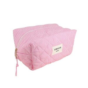 Trousse (grande) AMOUR et 3 coeurs – Vichy rose.