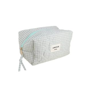 Trousse (grande) AMOUR et 3 coeurs – Vichy sauge.