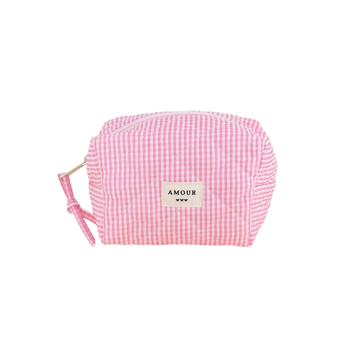 Trousse (petite) AMOUR et 3 coeurs – Vichy rose.