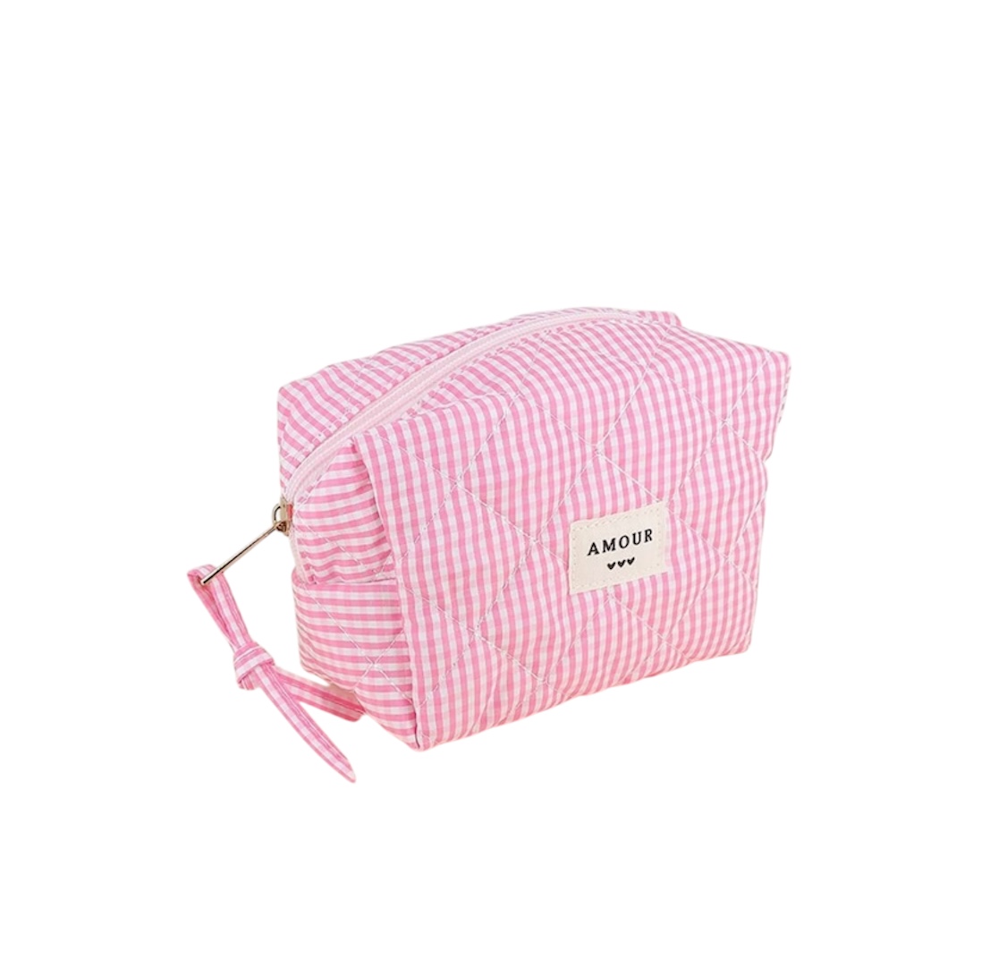 Trousse (petite) AMOUR et 3 coeurs – Vichy rose. – Image 2